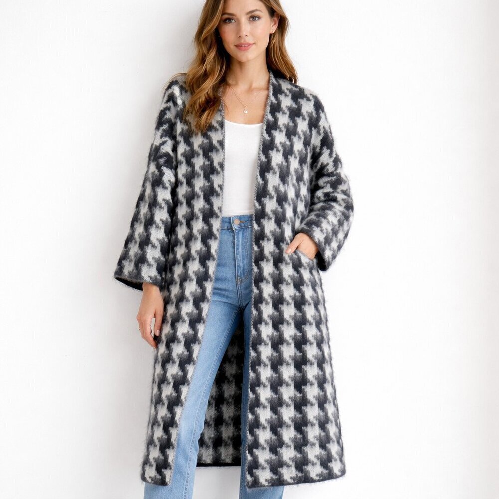 Dimensione Maglia Houndstooth Plaid Grey Navy Blue Mohair Blend Cardigan OS